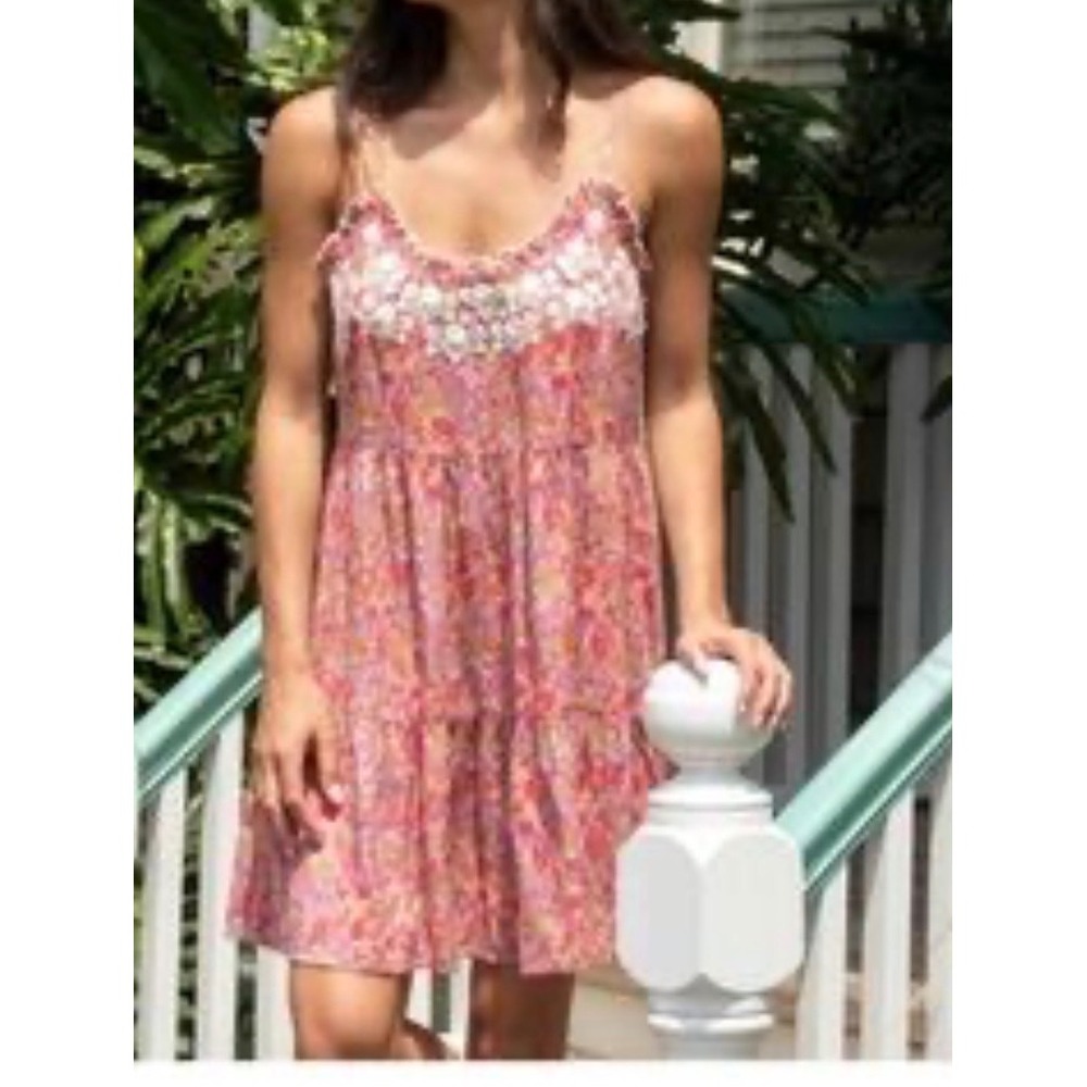 Natural Life Pink Floral Tiered Mini Dress Embroidered Ruffle Boho Sun Dress S